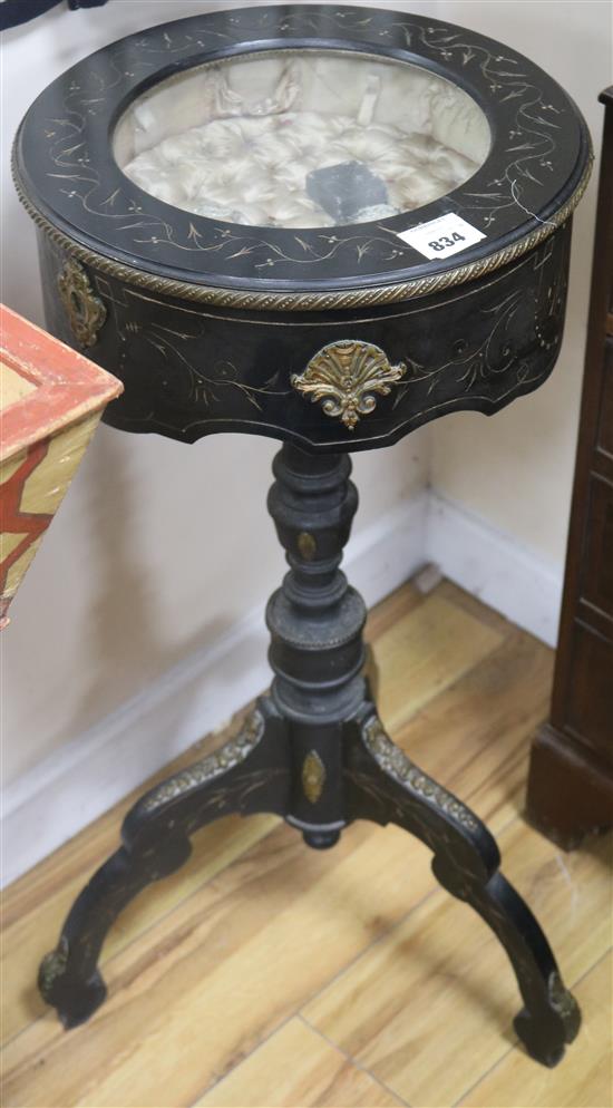 A French ebonised and gilt metal mounted bijouterie table, H.80cm